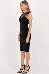 Robe de cocktail mi-longue en tulle pailleté, asymétrique, en velours - Noir